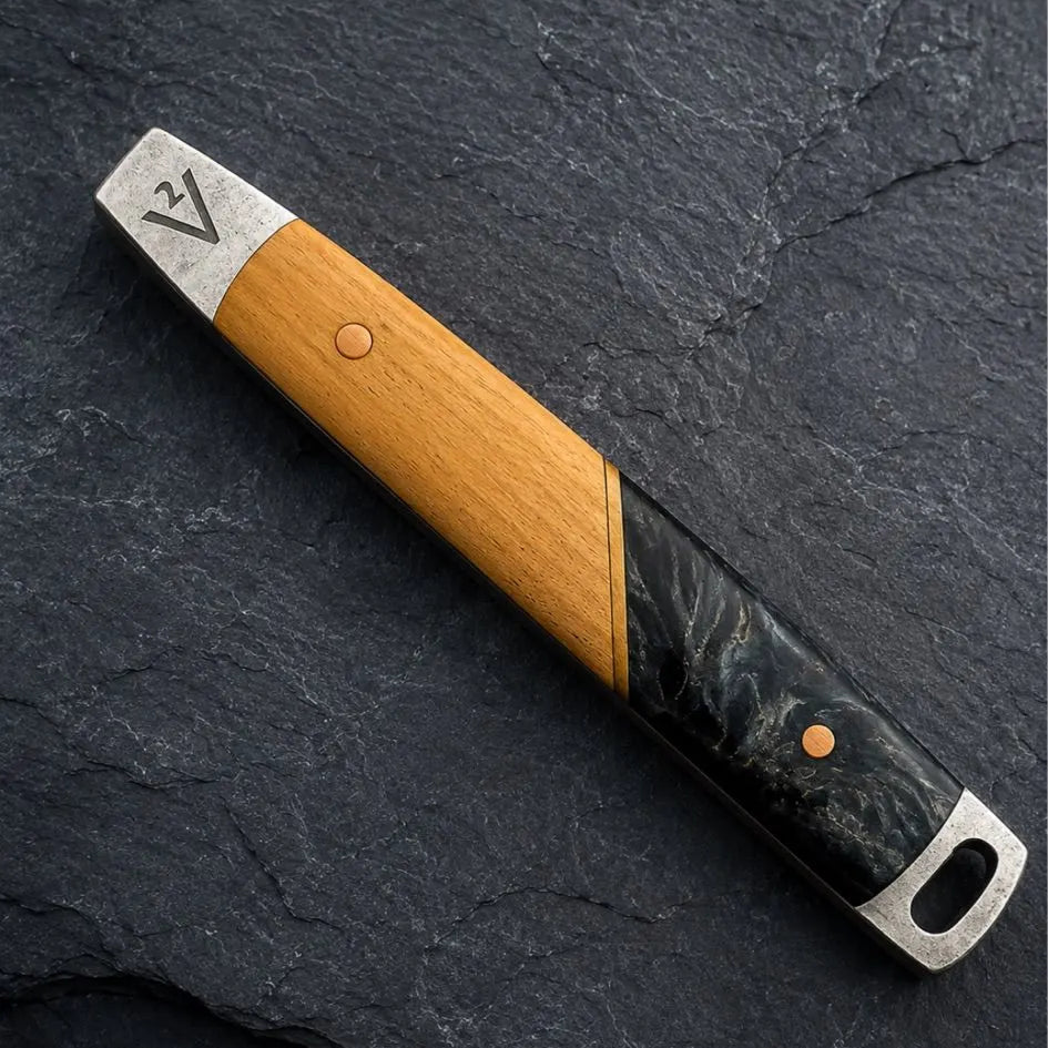 RSR Utility Bars | D2 Pocket Pry Tool, Knife Pick V2, Olive Wood and Black Pearl. With Copped Fiber and Pick